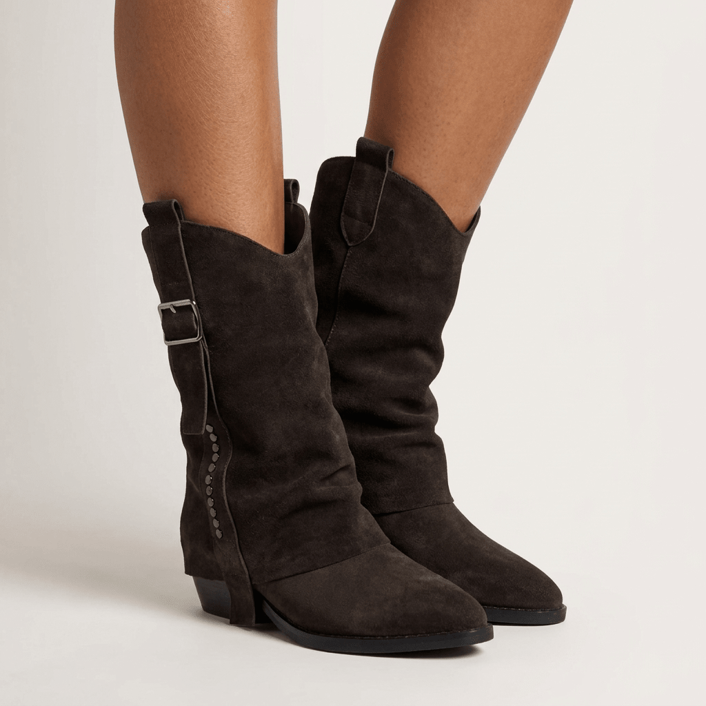 Pernas de mulher a calçar botas Janet & Janet texanas de camurça chocolate, com aba sobreposta, fivela e tachas, sobre fundo claro