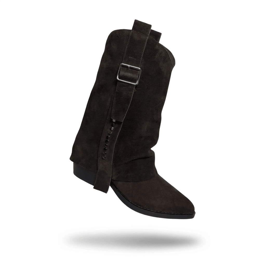 Bota Janet & Janet texana em camurça chocolate com aba sobreposta, fivela prateada e tachas laterais, packshot em levitação sobre fundo branco
