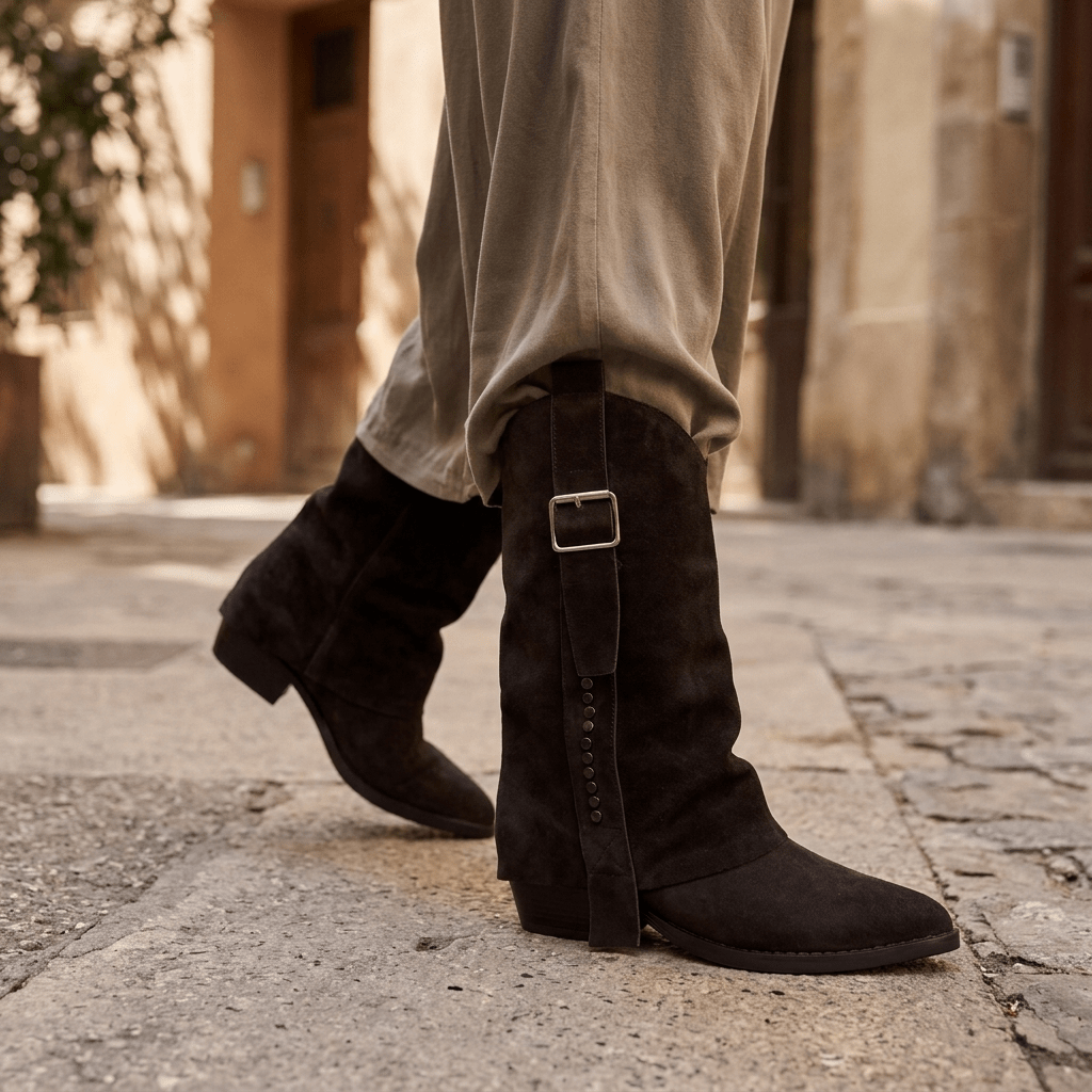 Mulher a caminhar numa rua de calçada com botas Janet & Janet de camurça chocolate, aba com fivela e tachas, e calças de linho