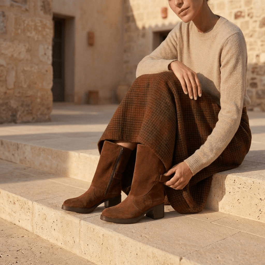 Mulher sentada num degrau de pedra, com saia xadrez castanha e camisola bege, a calçar botas Keys Vision castanhas em camurça com salto largo