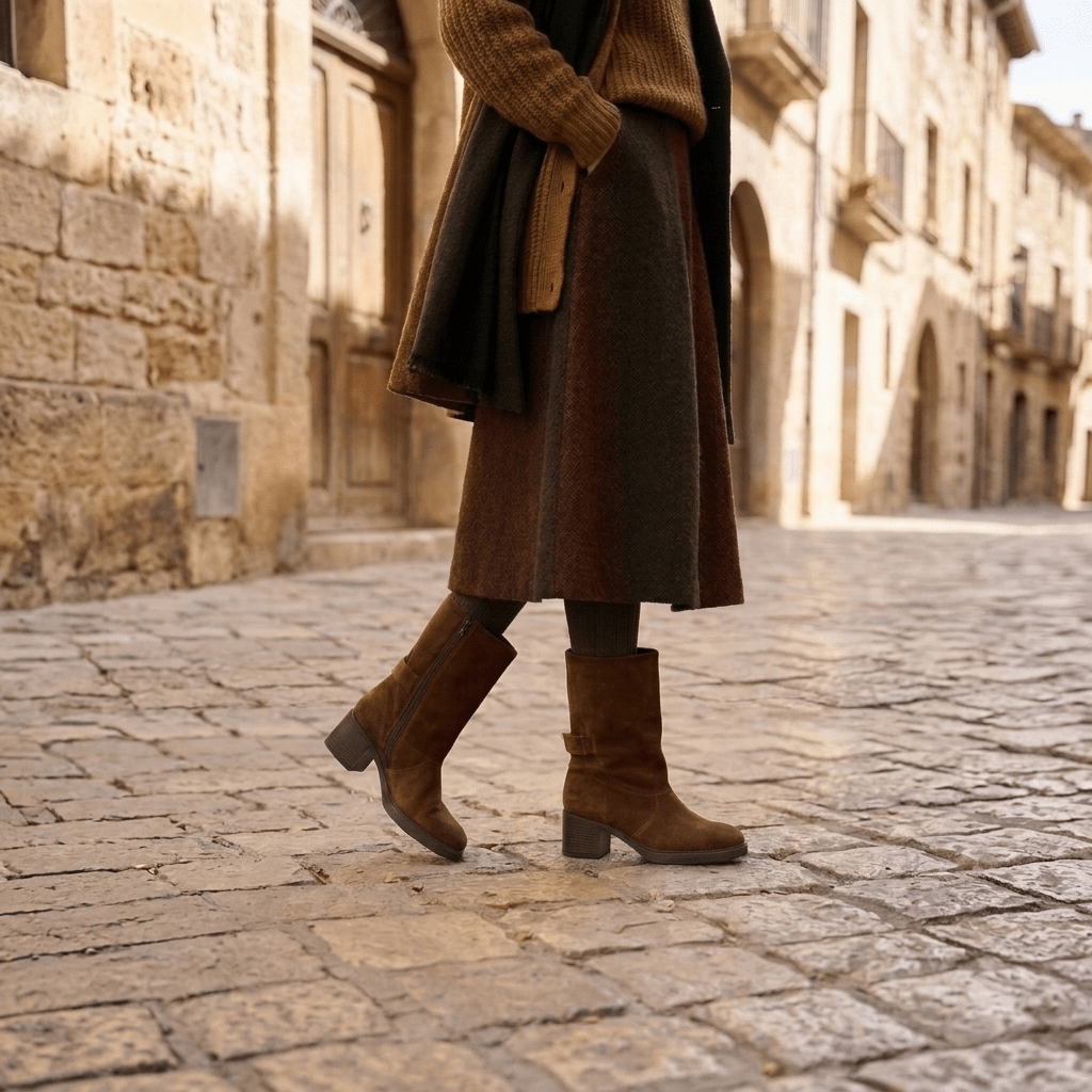 Mulher a caminhar numa rua de calçada, com saia comprida escura, camisola verde e cachecol, com botas Keys Vision castanhas em camurça e salto largo