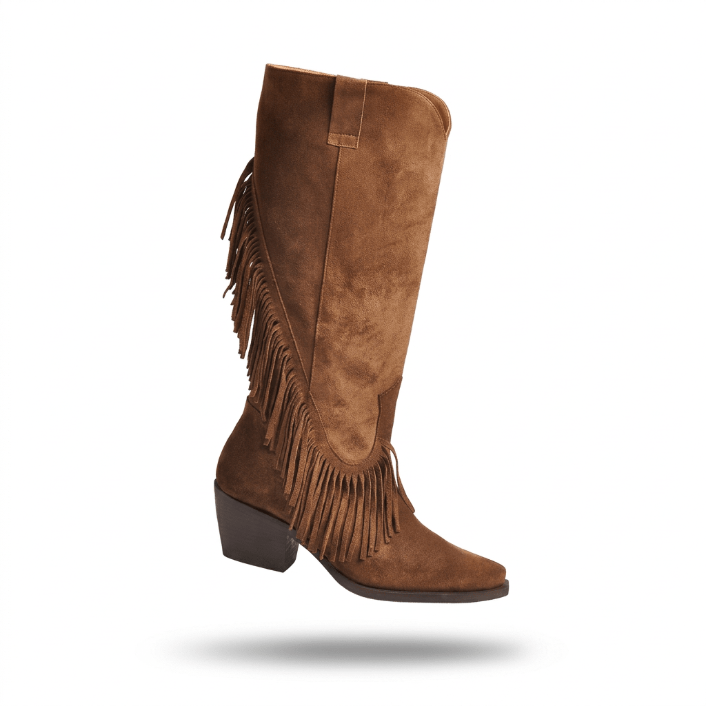 Bota Ruika texana em camurça camel com franjas laterais, bico fino e salto de 7 cm, packshot em levitação sobre fundo branco
