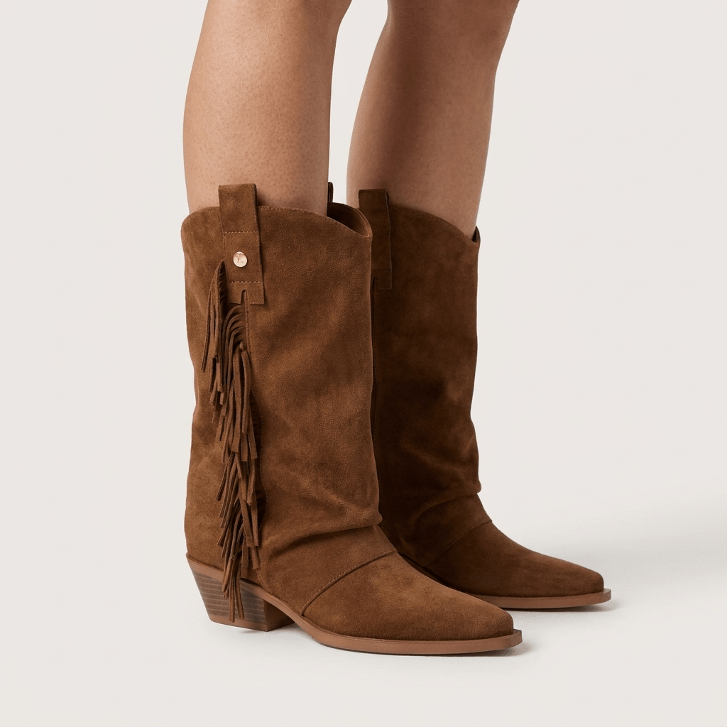 Bota texana XTi camel em antelina com franjas laterais, vista frontal em modelo sobre fundo cinzento-claro