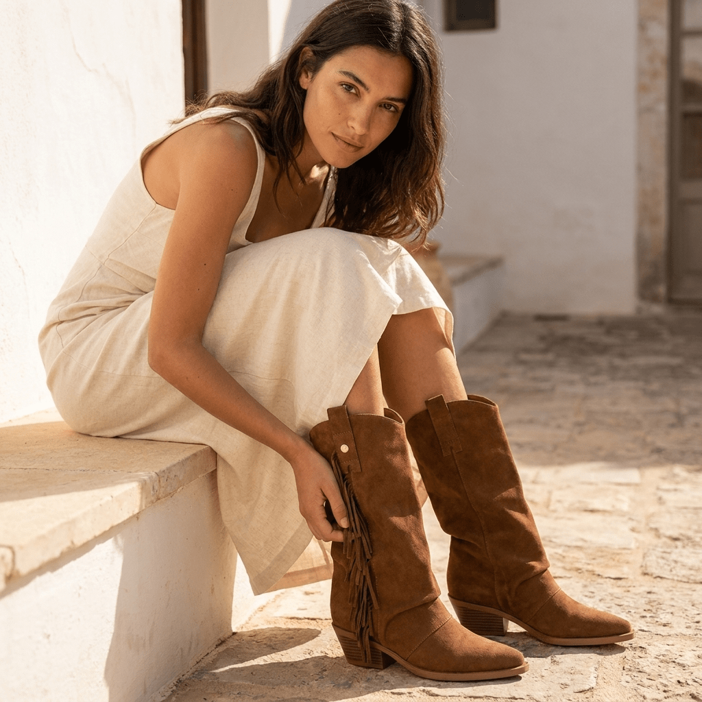 Modelo de vestido creme sentada junto a uma parede branca com botas texanas XTi camel em antelina