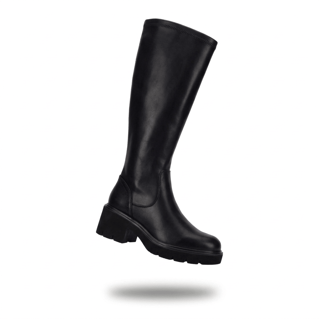 Bota XTi preta de cano alto elástico em levitação, vista de três quartos, com sola grossa e tacão robusto, em fundo branco