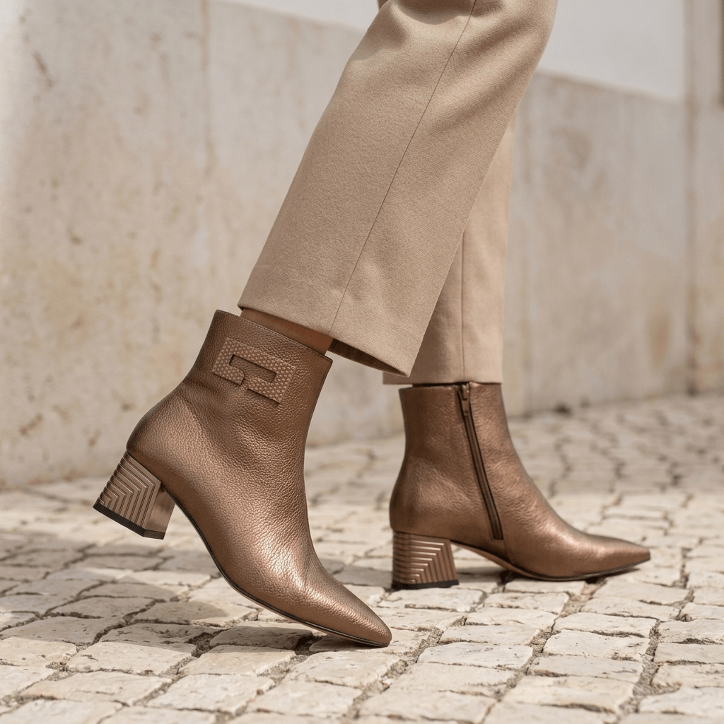 Pormenor de pés com botins Azarey bronze metalizado numa calçada de pedra, com fecho lateral e aplique no cano