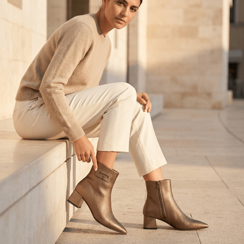 Mulher sentada num degrau de pedra com camisola bege e calças brancas, a calçar botins Azarey bronze com salto geométrico