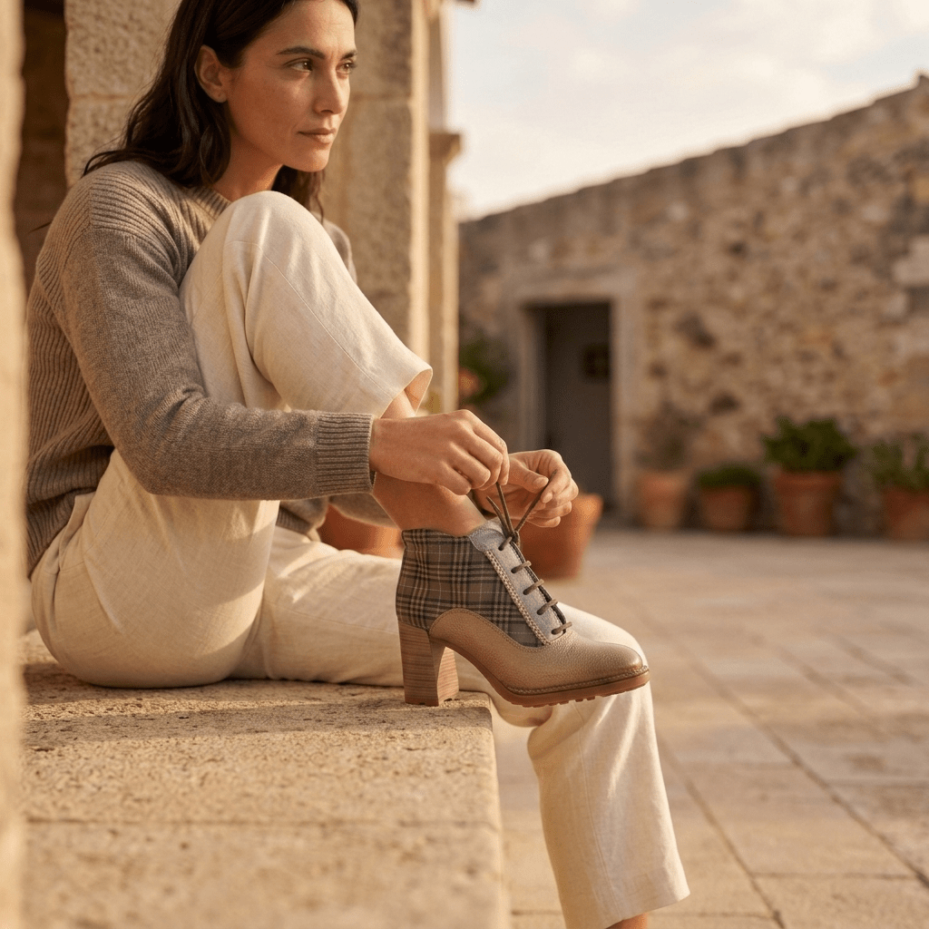 Mulher sentada a ajustar o Botim Hispanitas Alabama em couro amêndoa e tartan cinzento, com vasos de barro e edifício em pedra ao fundo.