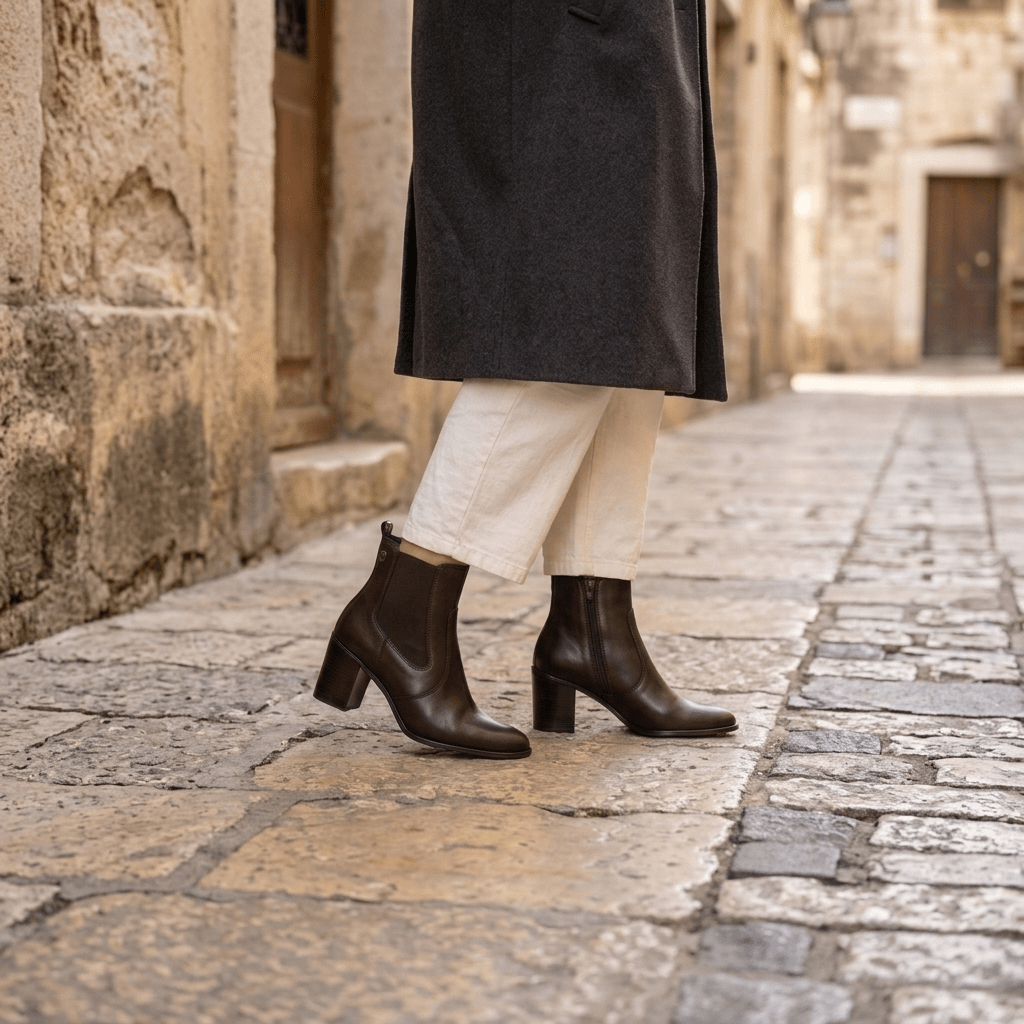 Mulher a caminhar numa rua de pedra, de casaco comprido cinzento escuro e calças brancas, com botins Janet & Janet castanho escuro; o botim da direita mostra o fecho interior