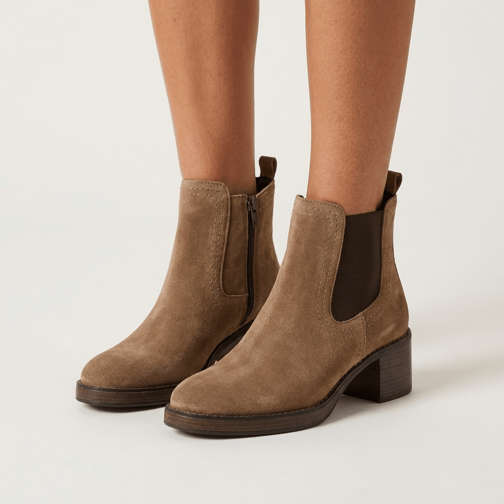 Mulher a usar botins Keys taupe em camurça, com painéis elásticos e fecho lateral interior, em fundo claro, vista frontal dos pés