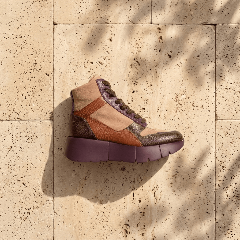 Botim Sport Hispanitas Chocolate-Amêndoa-Bordô fotografado sobre piso em pedra travertino, com sombra de folhagem, em estilo lifestyle mediterrânico, destacando a sola grossa bordô e a combinação de camurça e couro.