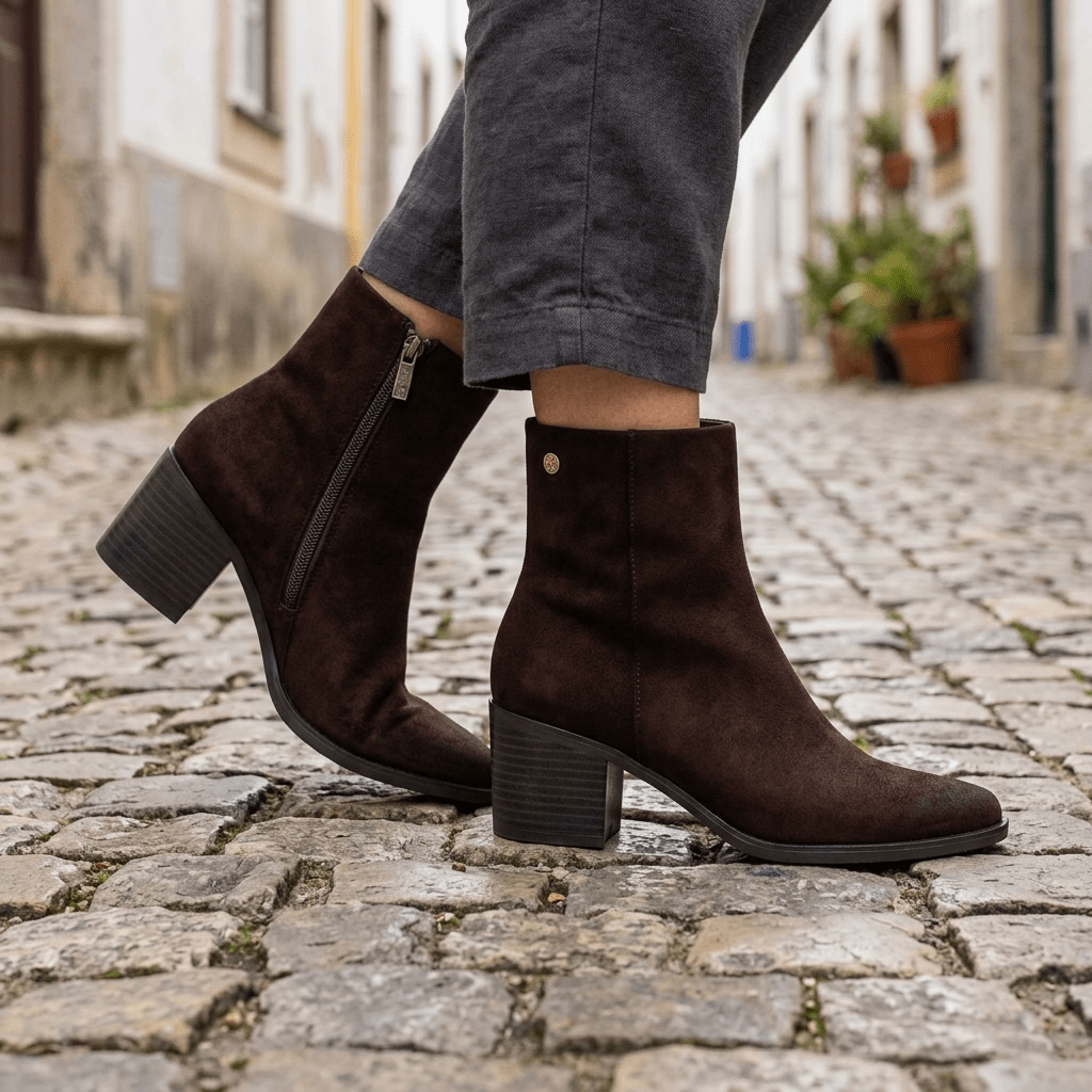 Mulher de calças cinzentas a caminhar na calçada com botins XTi castanhos em antelina e tacão de bloco