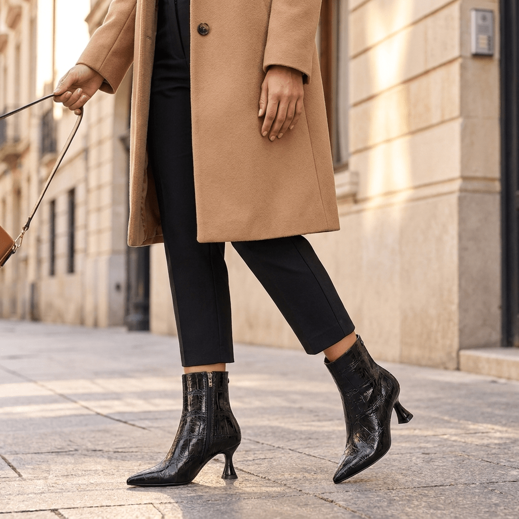 Mulher de casaco camel e calças pretas a caminhar com botins XTi pretos efeito croco e tacão taça