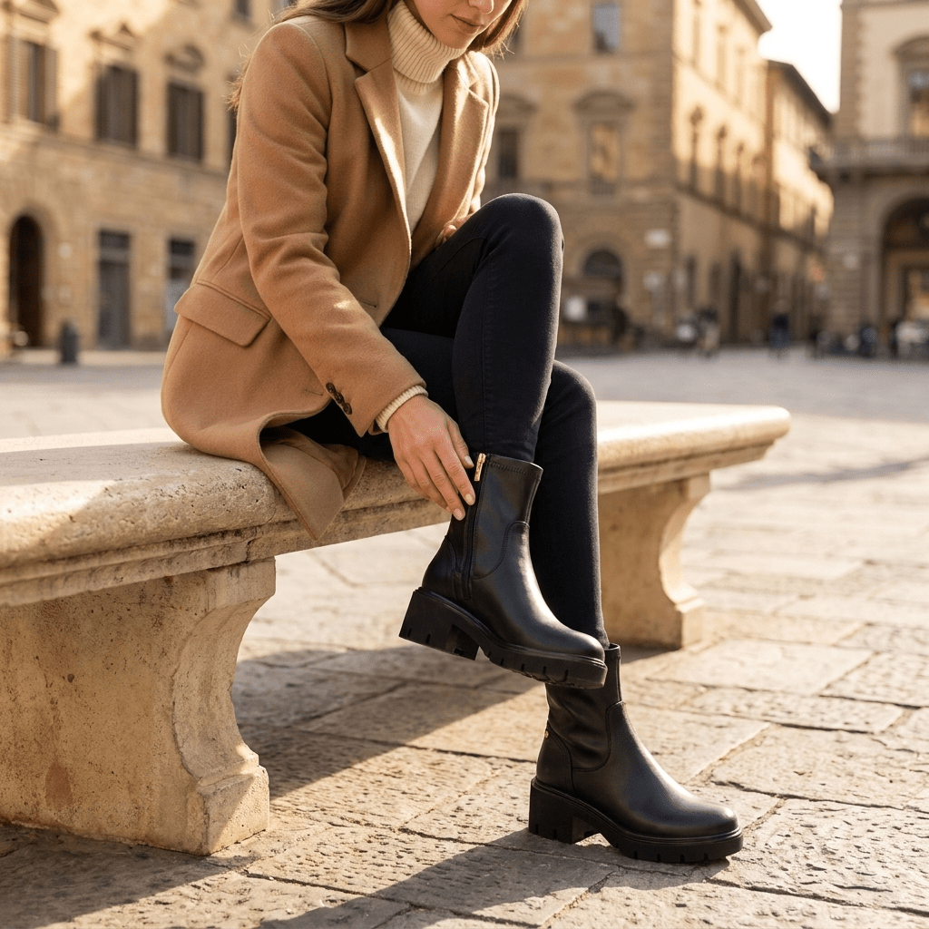 Mulher de casaco camel e calças pretas sentada num banco numa praça, com botins XTi pretos com sola track