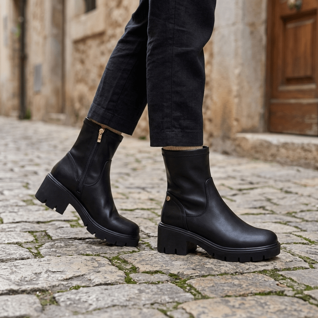 Pernas de mulher de calças escuras a caminhar em calçada de pedra com botins XTi pretos de tacão largo