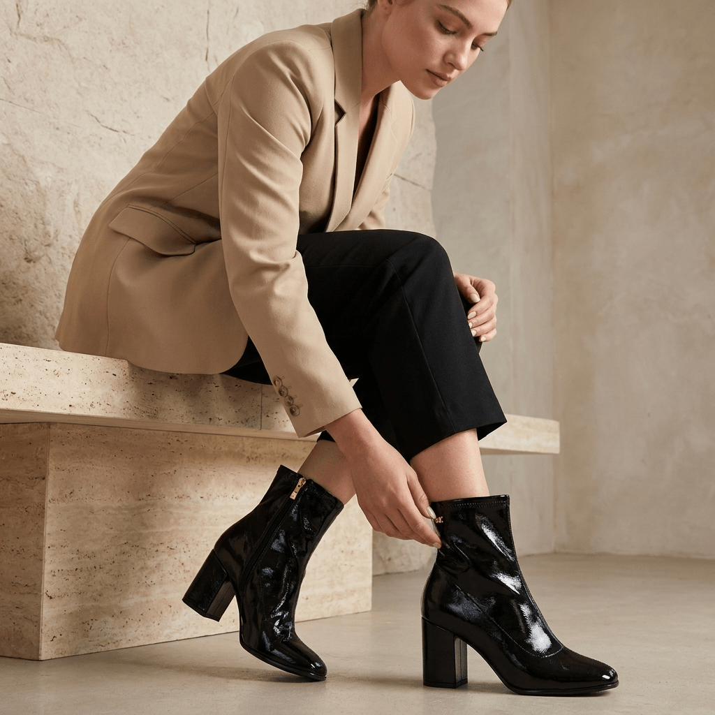 Mulher de blazer camel e calças pretas, sentada num banco de pedra, a ajustar o botim XTi preto em verniz