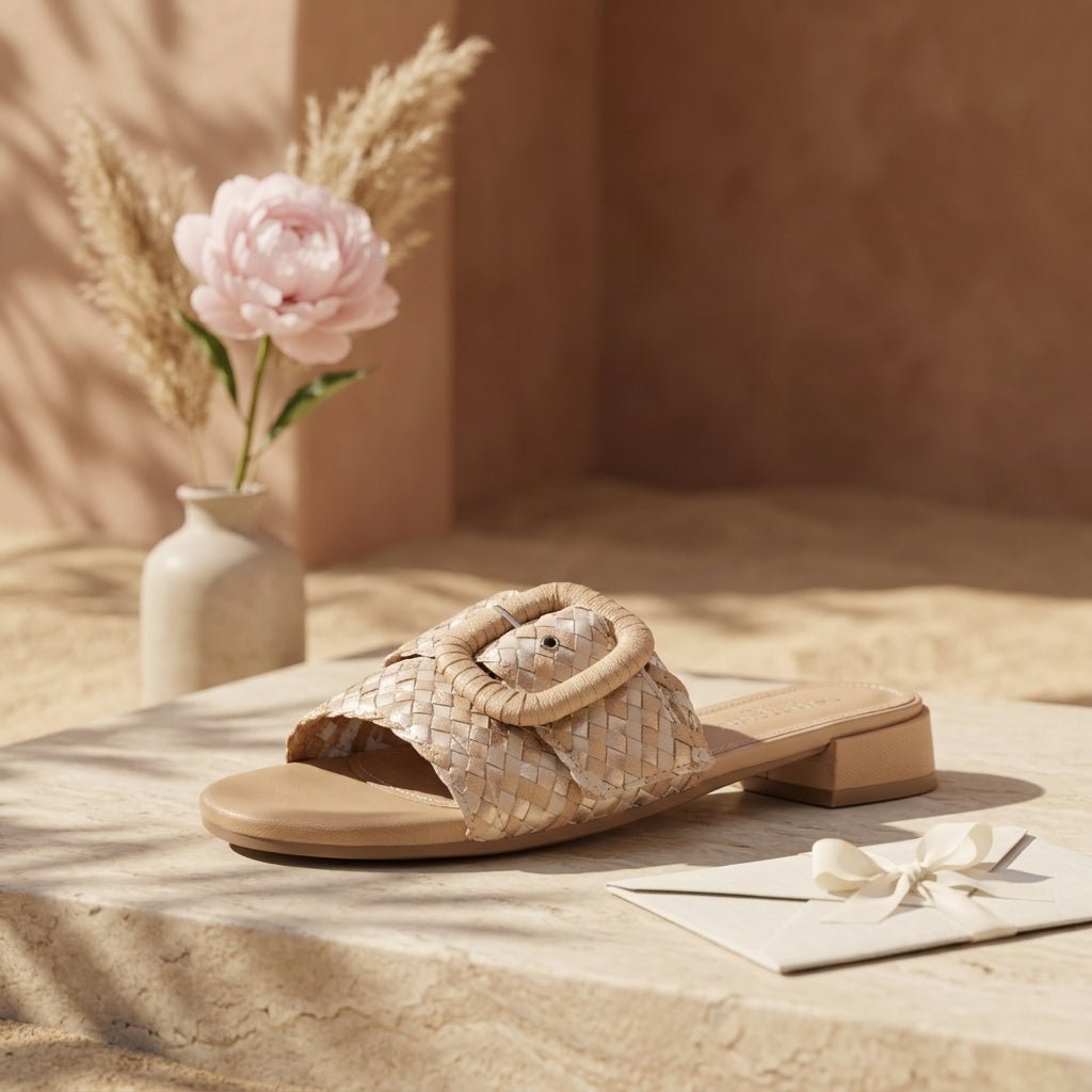 Chinelo Pele Trançada Carmela em ambiente exterior, sobre piso de pedra com decoração floral - Roma Pell