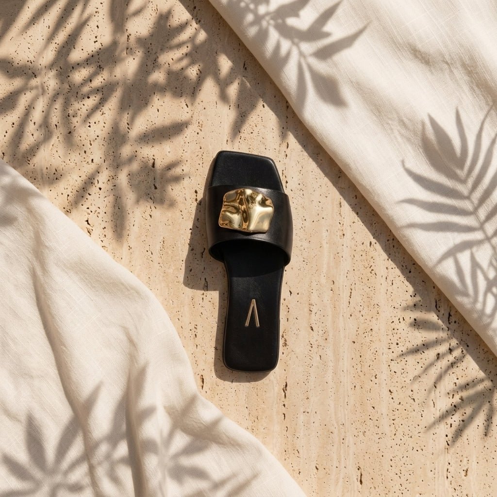 Chinelo slide Vizzano preto visto de cima com sombra de folhas tropicais — verão sofisticado | Roma Pell