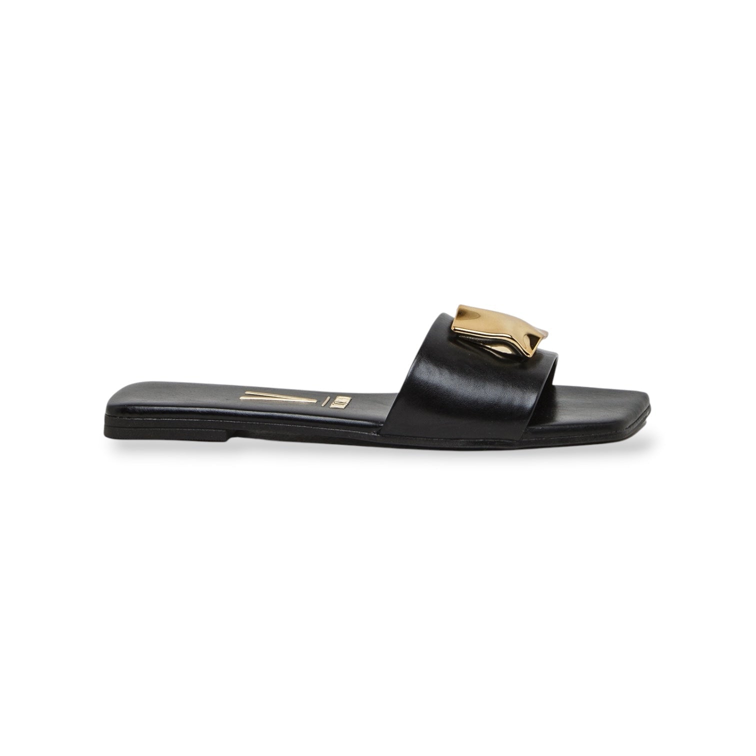 Chinelo slide Vizzano preto com aplicação dourada — vista lateral perfil e sola rasa | Roma Pell
