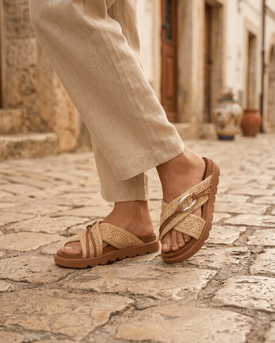 Detalhe do chinelo Vizzano ráfia entraçado calçado em calçada de pedra — conforto e estilo | Roma Pell