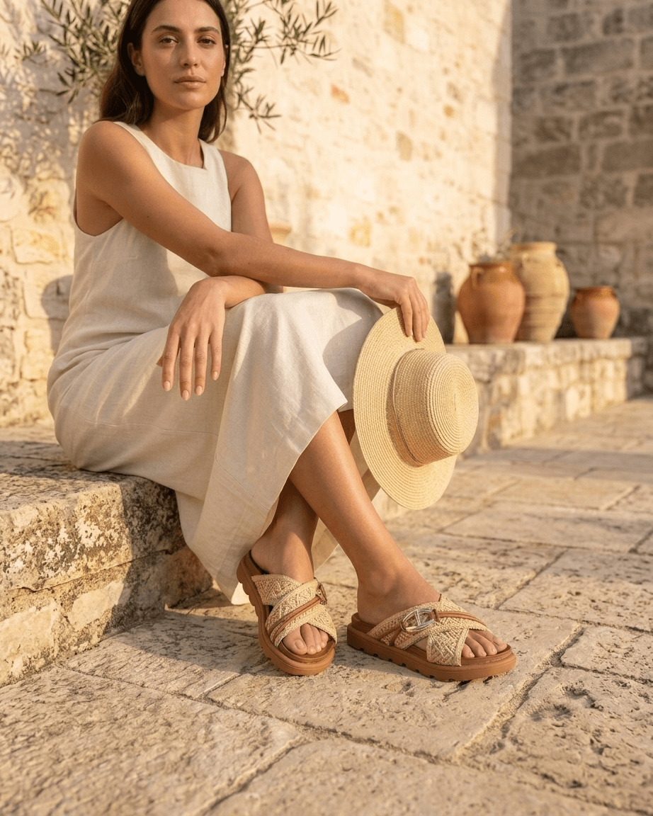Modelo sentada em muro de pedra com chinelo Vizzano ráfia entraçado — estilo mediterrâneo | Roma Pell