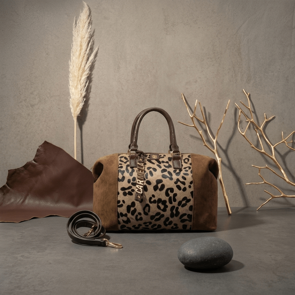 Mala Boston Carmela em animal print bege, com pegas em pele castanha, fotografada junto a plumas de pampas e ramos dourados decorativos.