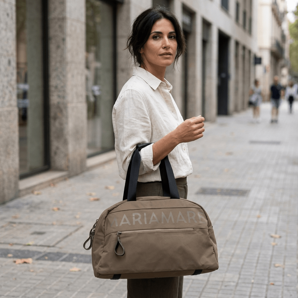 Mulher de camisa branca numa rua com fachadas em pedra, a segurar a mala bowling Mariamare Duvet verde kaki