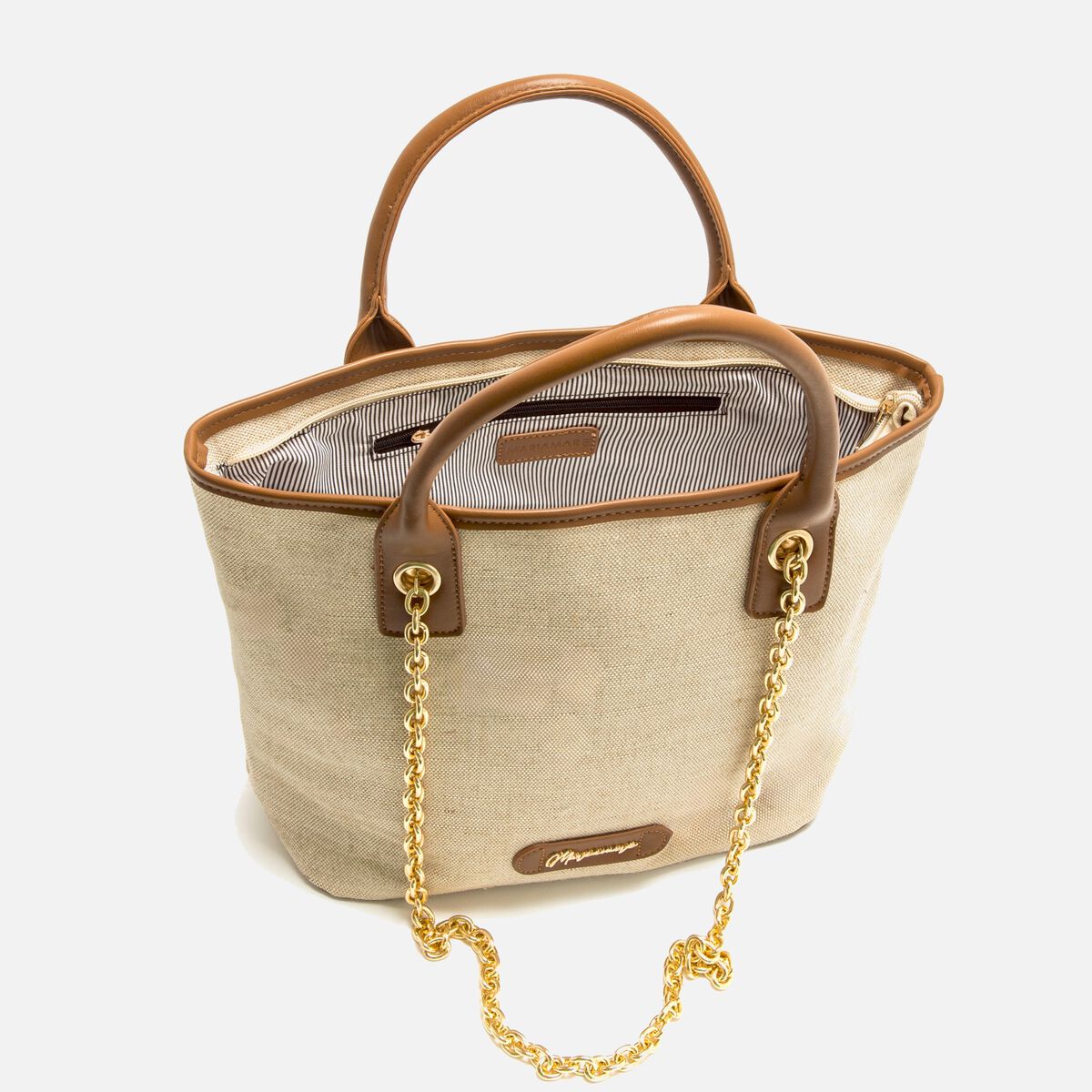 Mala Shopper Mariamare Feminina Faro Bege com Efeito Ráfia e Corrente Dourada - C59906 - Roma Pell