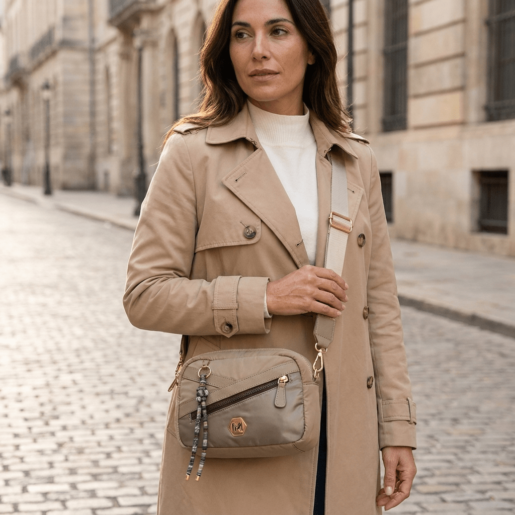 Modelo com a Mala Zerna Bege a tiracolo, conjunto casual em tons neutros