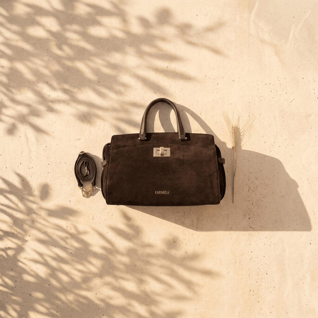 Mala tote Carmela em camurça castanha, deitada sobre fundo claro, com sombras de folhas, junto a um ramo de trigo.