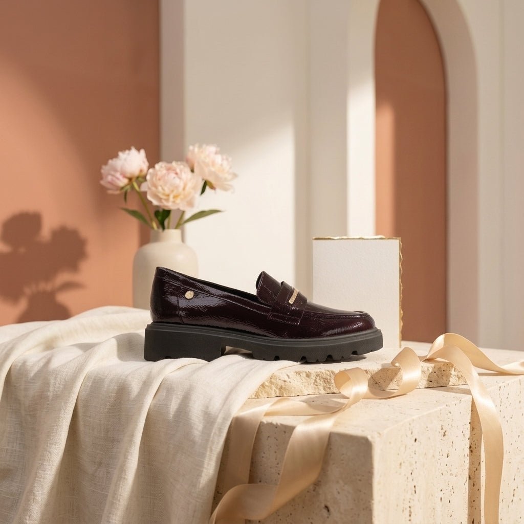 Mocassim Carmela verniz bordeaux em still life, com flores e tecido de linho