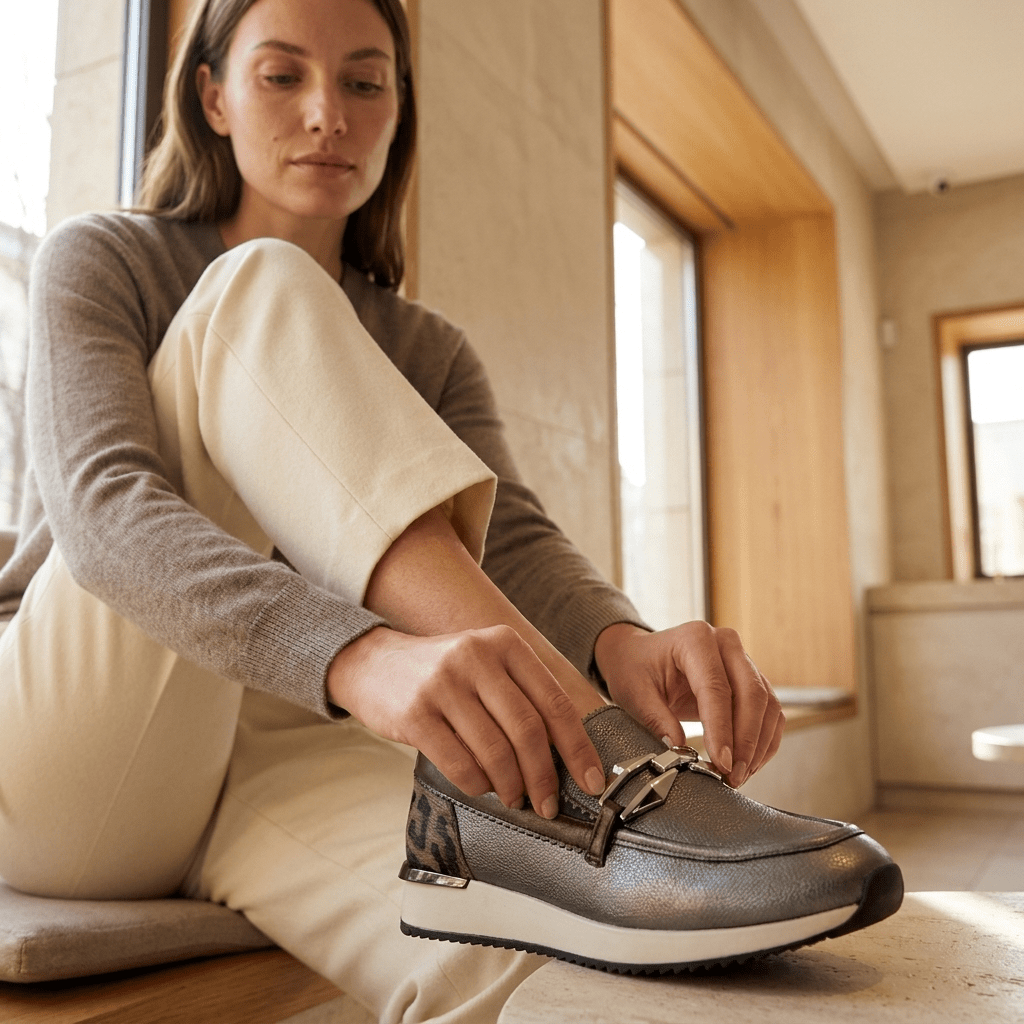 Mulher de camisola cinza sentada em interior luminoso a calçar o mocassim desportivo Mariamare prata velha