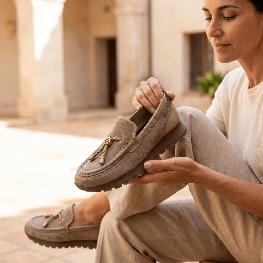 Mulher sentada num pátio mediterrânico, segurando o Mocassim Desportivo Oregon em camurça bege