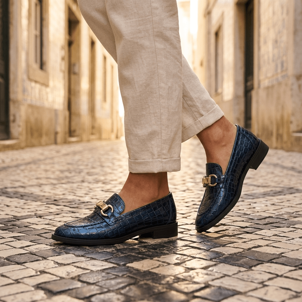 Mocassim Andrya azul oceano em movimento numa rua de calçada, pormenor do travessão dourado