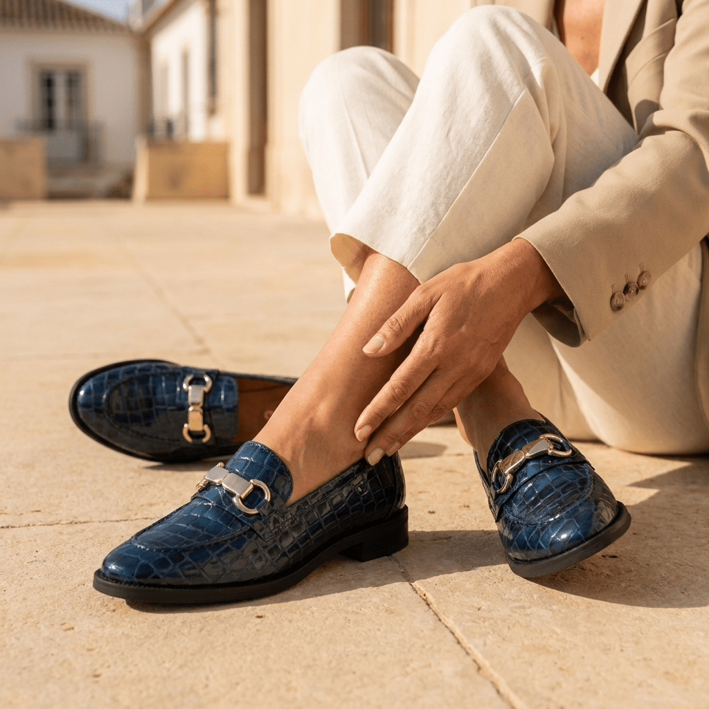 Mulher sentada, com o Mocassim Andrya azul oceano calçado, ambiente exterior tradicional português