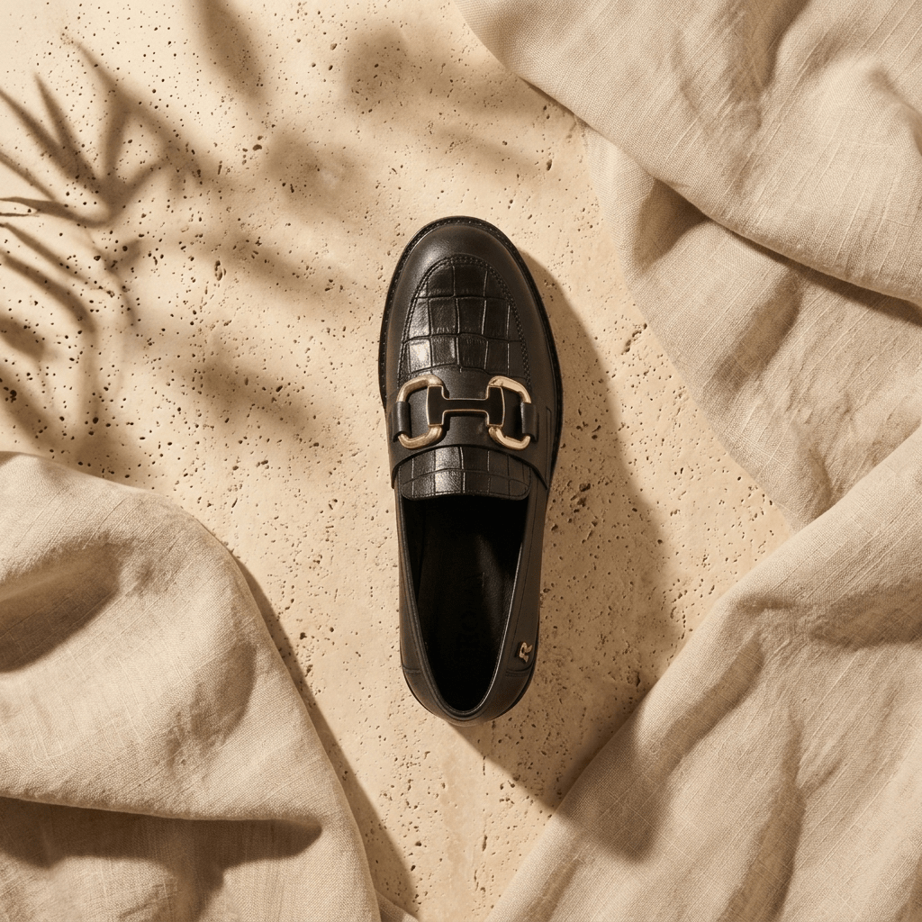Mocassim Feminino Ruika preto, vista de cima, com painel em relevo tipo croco e fivela metálica de duplo anel, sobre tecido de linho claro