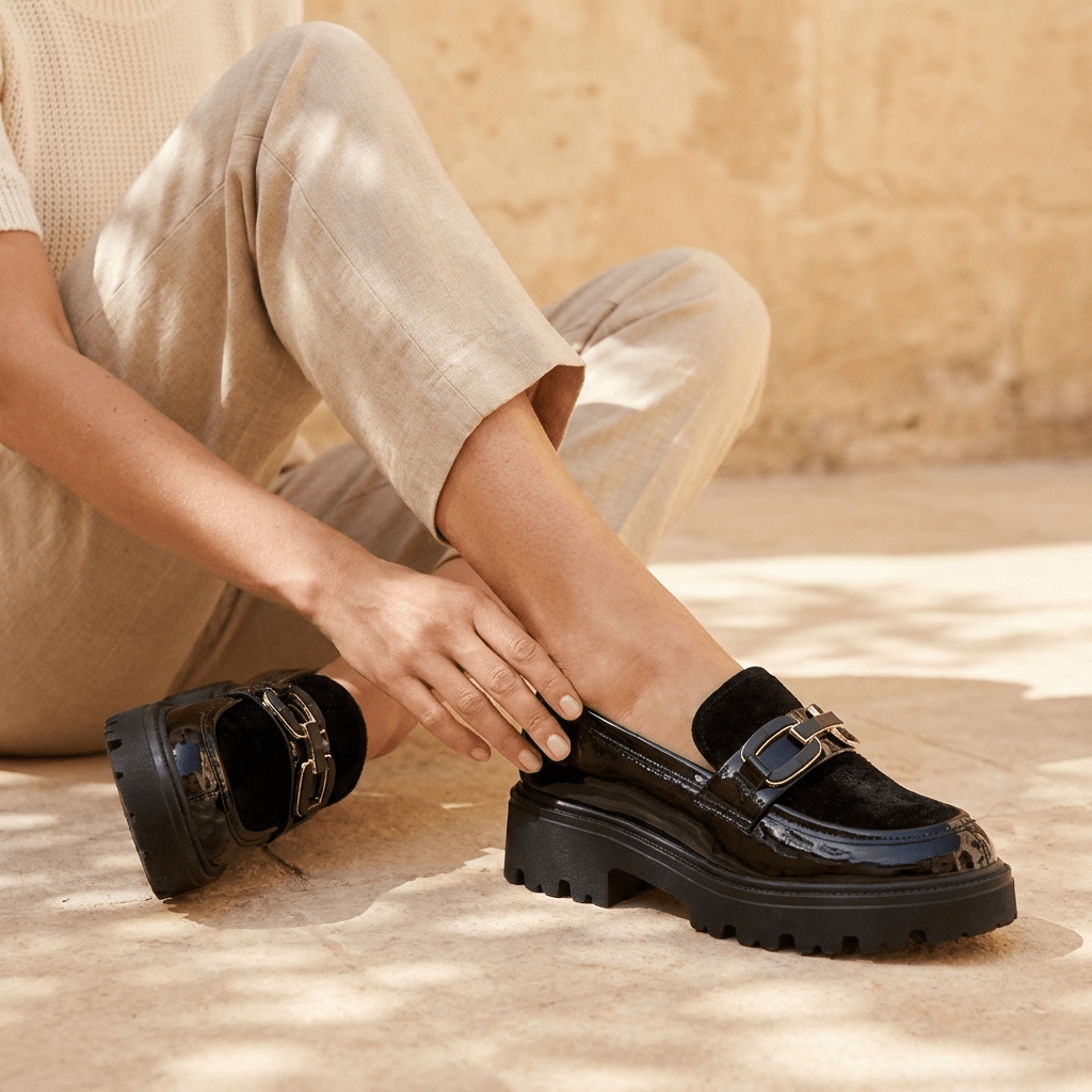 Mulher sentada ao sol com a mão no tornozelo, a calçar mocassins Keys pretos em verniz e meias pretas, com a sola tratorada bem visível