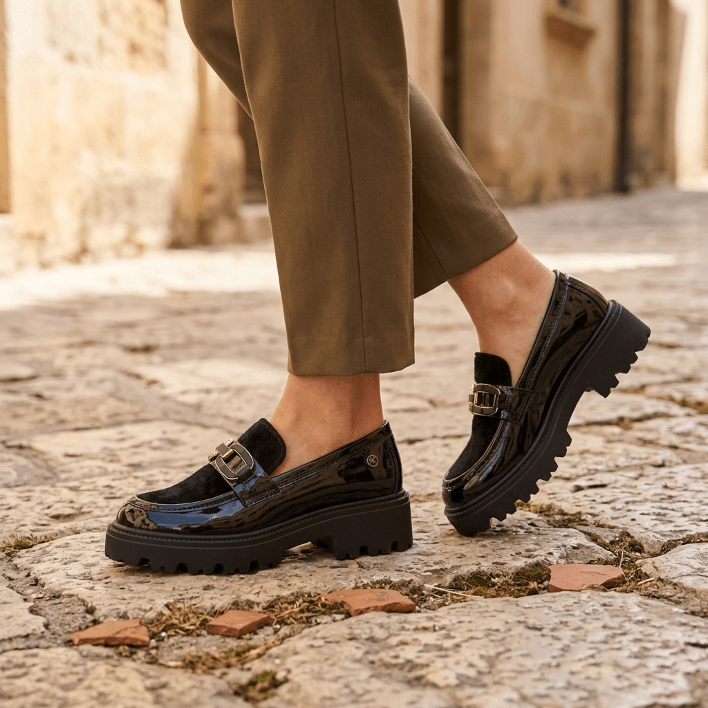Pernas de mulher de calças verde-azeitona a caminhar em calçada de pedra, de perfil, com mocassins Keys pretos em verniz, aplique metálico e sola tratorada