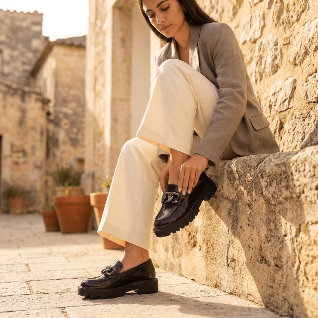 Mulher encostada a uma parede de pedra numa rua antiga, a ajustar o Mocassim XTI Bordeaux em pele envernizada, com blazer bege e calças em tom creme.