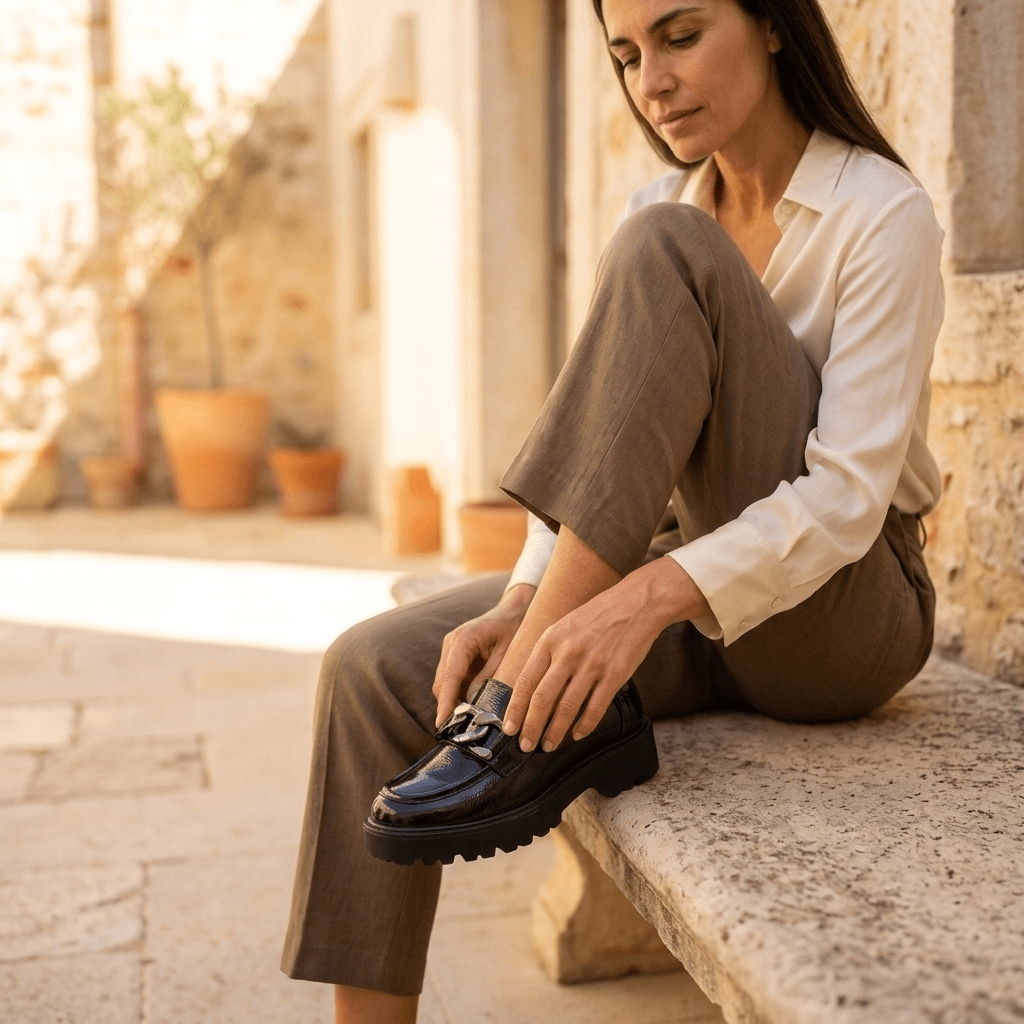 Mulher sentada num degrau de pedra numa rua típica mediterrânica, a ajustar o Mocassim XTI Bordeaux em pele envernizada, combinado com calças bege e camisa branca.