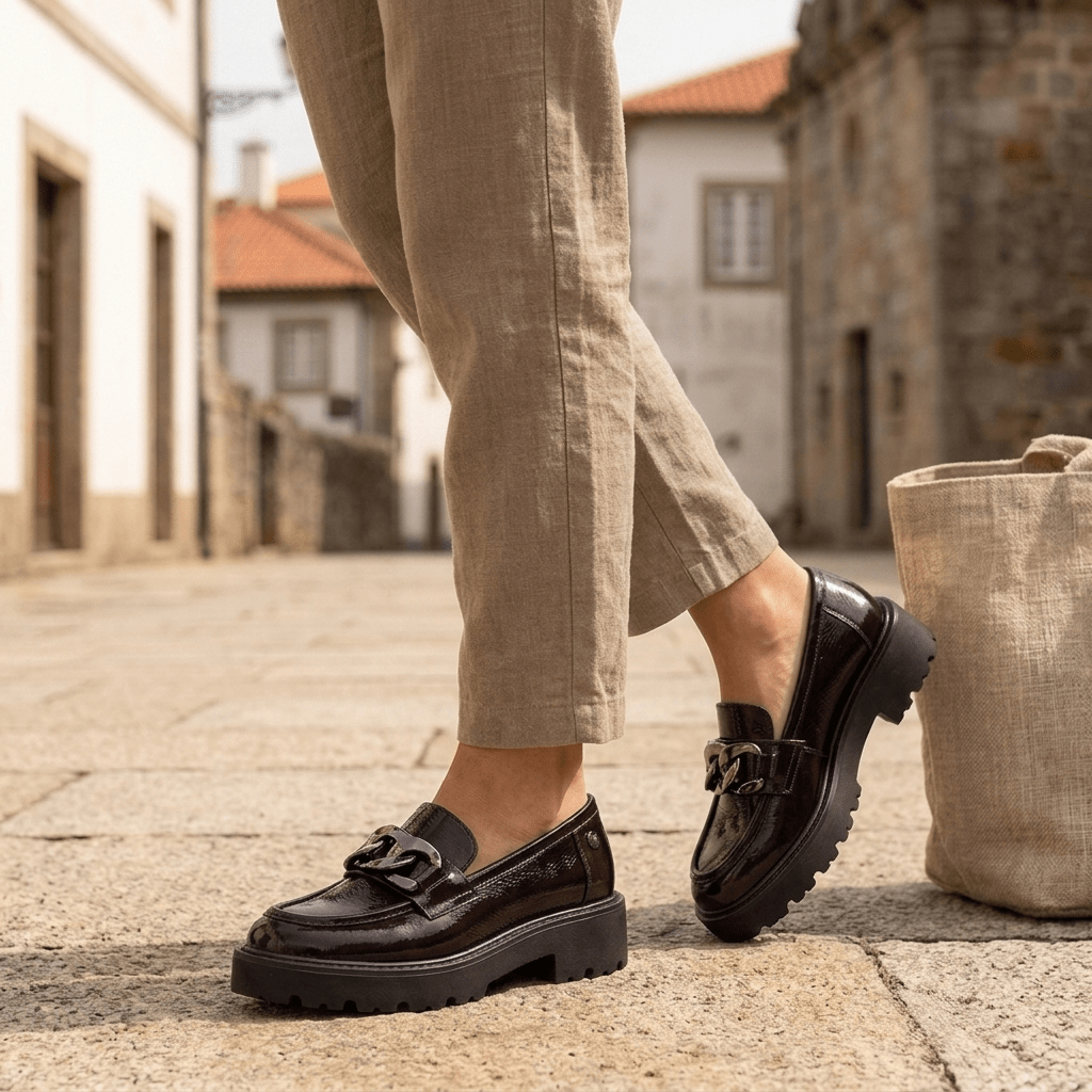 Mulher a caminhar numa rua de pedra numa vila portuguesa, calçando o Mocassim XTI Bordeaux em pele envernizada, com calças de linho bege e um saco de juta ao lado.