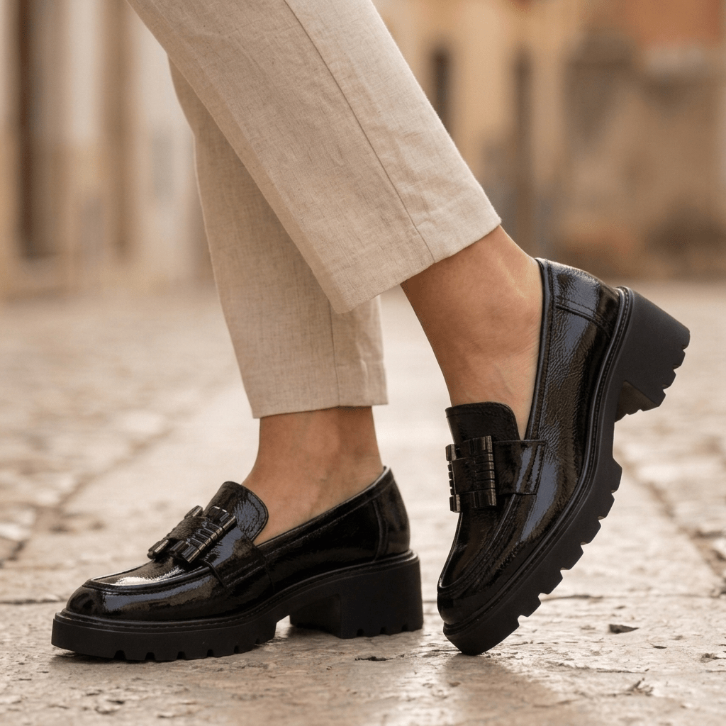 Pernas e tornozelos de mulher com meias brancas curtas, calçando o mocassim Xti preto em verniz, fotografia lifestyle ao ar livre.