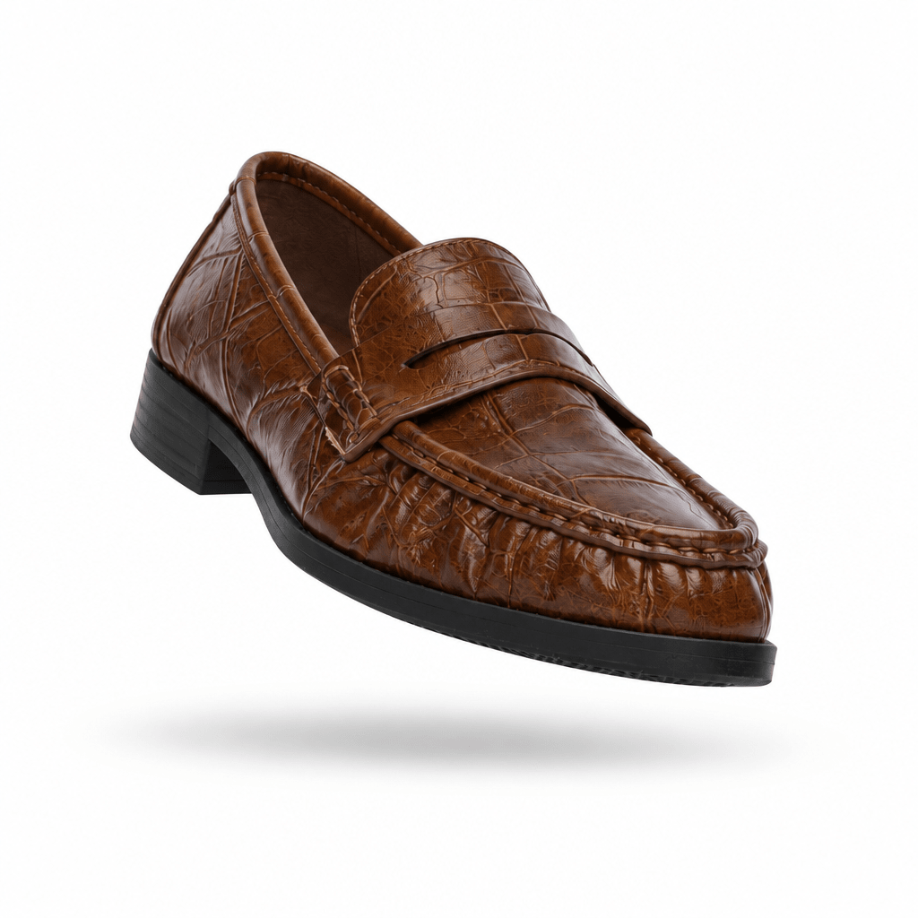 Mocassim Xti camel penny loafer em pele sintética brilhante com cosidos gravados, em levitação sobre fundo branco, vista três quartos frontal