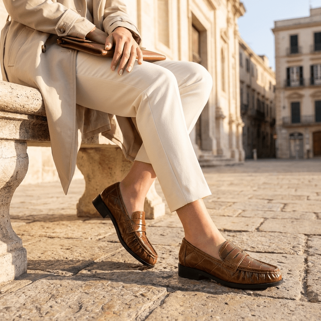 Mulher de calças claras sentada num banco de pedra numa praça, com mocassins Xti camel