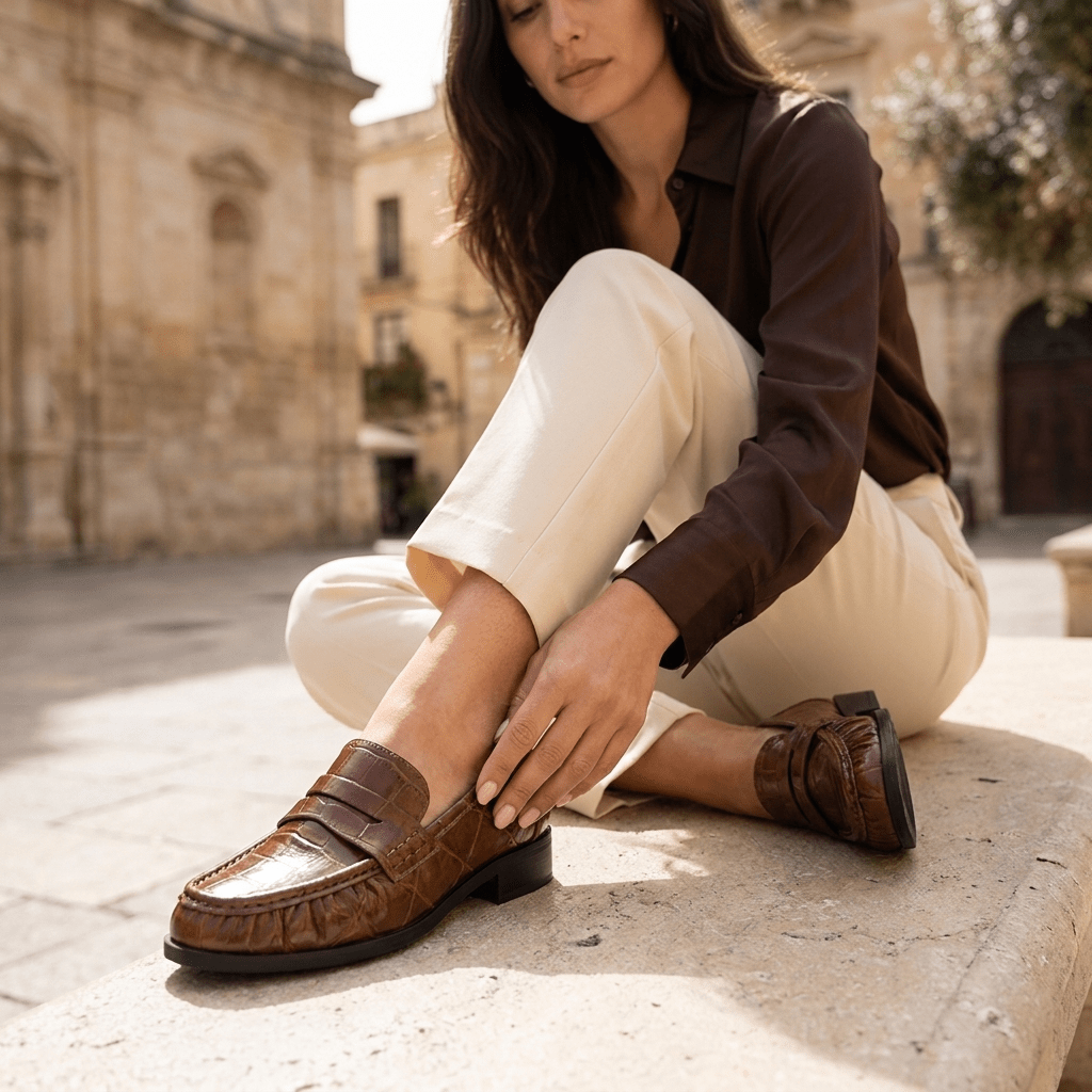 Mulher de calças creme sentada numa pedra ao sol a ajustar o mocassim Xti camel