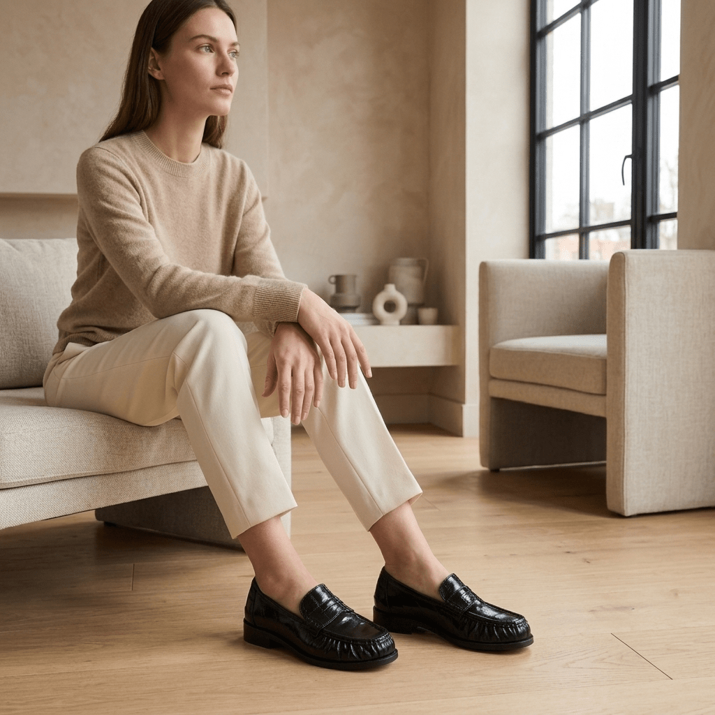 Mulher sentada num sofá claro com calças creme e mocassins Xti pretos, em sala com luz natural
