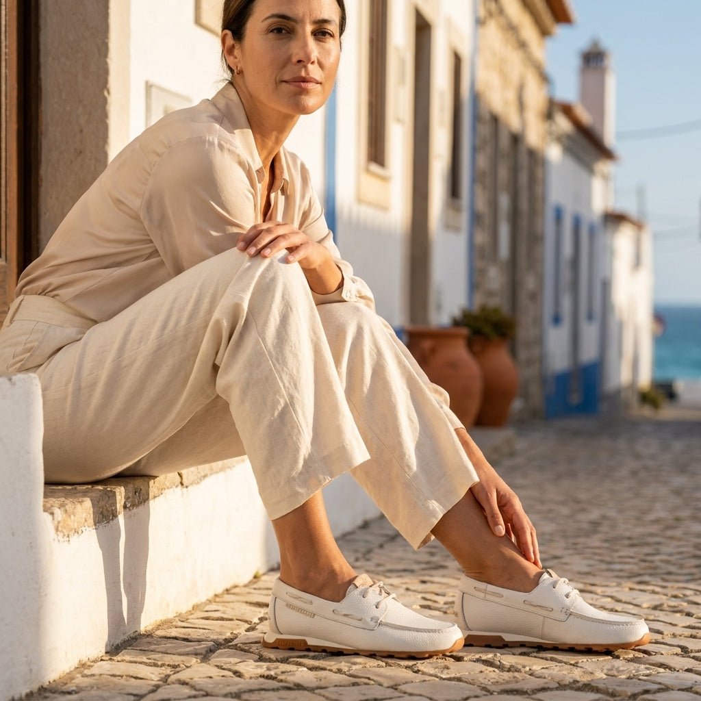 Mulher sentada numa rua costeira portuguesa, com roupa em linho, a usar os Mocassins Hispanitas Zinnia brancos.