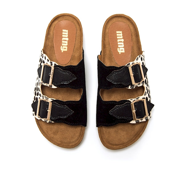Sandálias rasas femininas | Mustang | Lin 54085 | preto e animal print | fivelas douradas | sola bio cortiça. Vista superior.