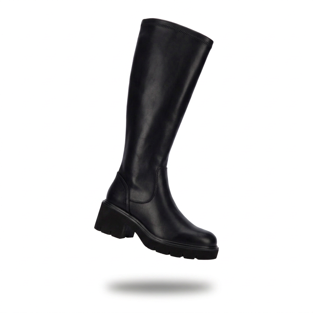 Bota XTi preta de cano alto elástico em levitação, vista de três quartos, com sola grossa e tacão robusto, em fundo branco