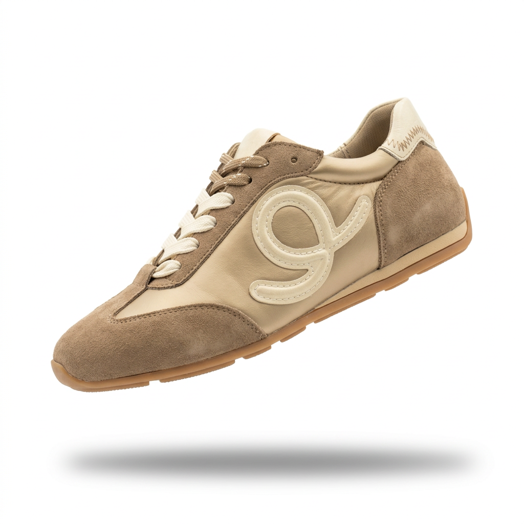 Sapatilha feminina Elena Bloom taupe em levitação, vista de perfil, com painel central creme, atacadores creme e sola caramelo, em fundo branco